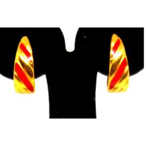 Vintage Monet Gold Tone Red Enamel Ribbed Hoop Women's Earrings Signed 1"